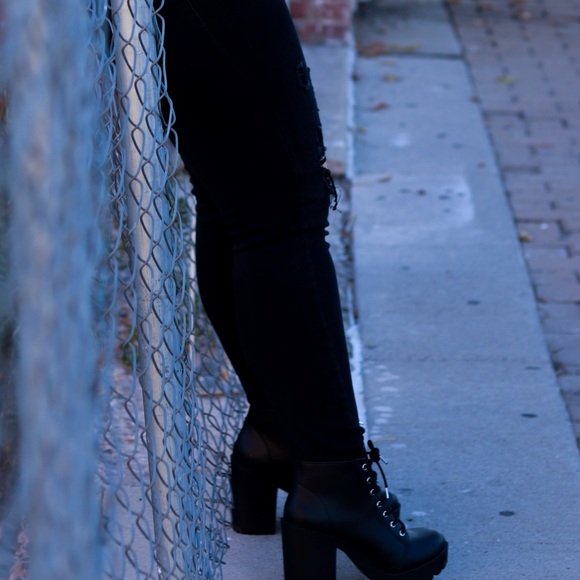 Black Leather Lace up Boots - Picture 2 of 6